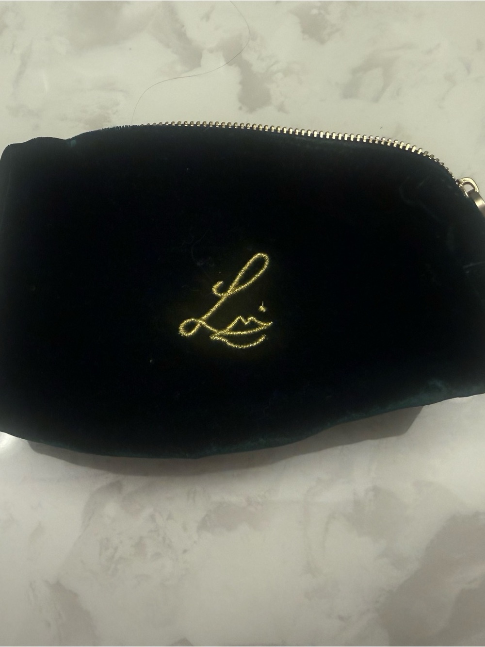 Green Velvet Cosmetic Pouch with Gold Script Accent